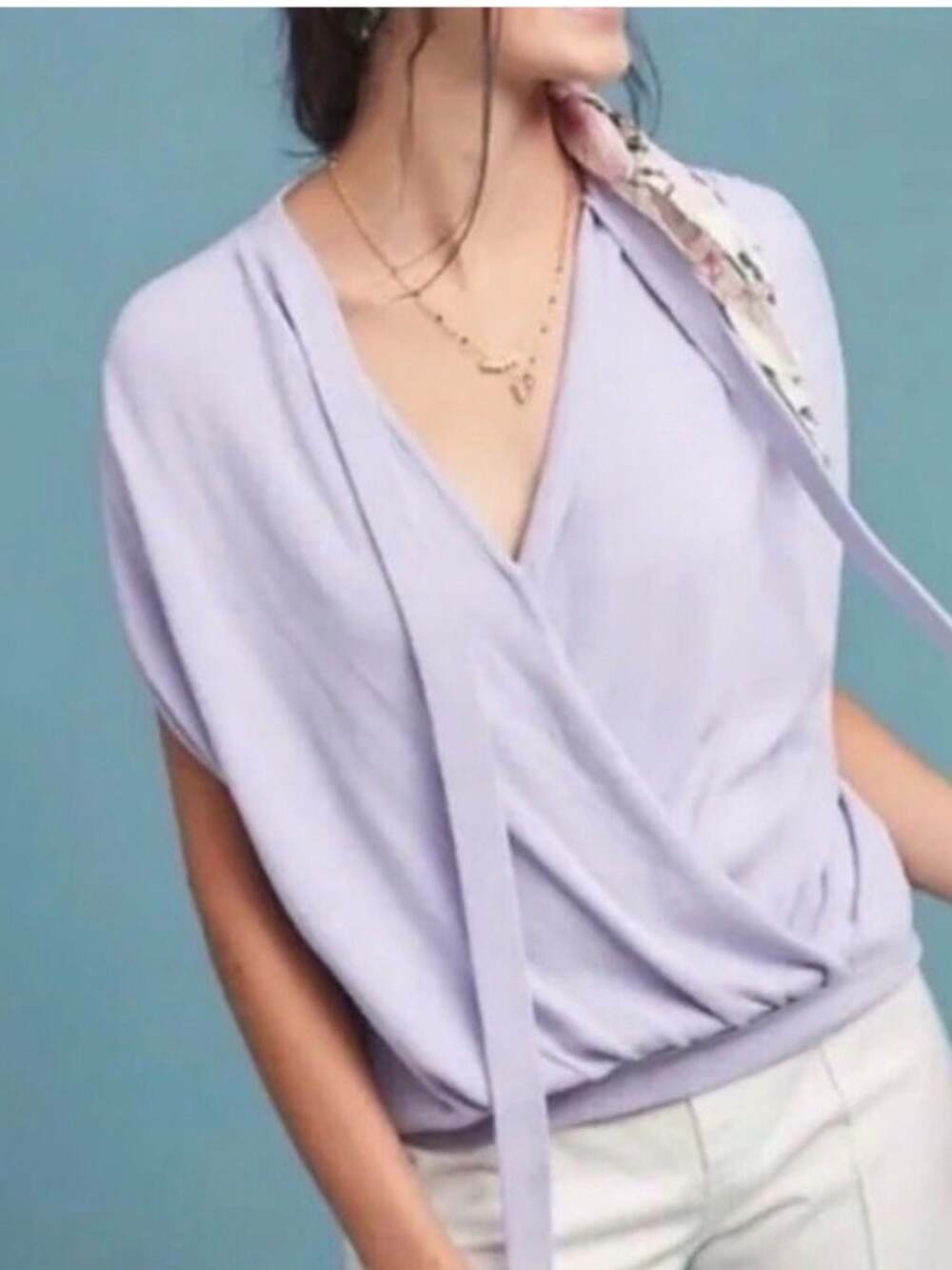 Anthropologie Women's Lavender Short Sleeve Surplice Twist-Front Knit Top